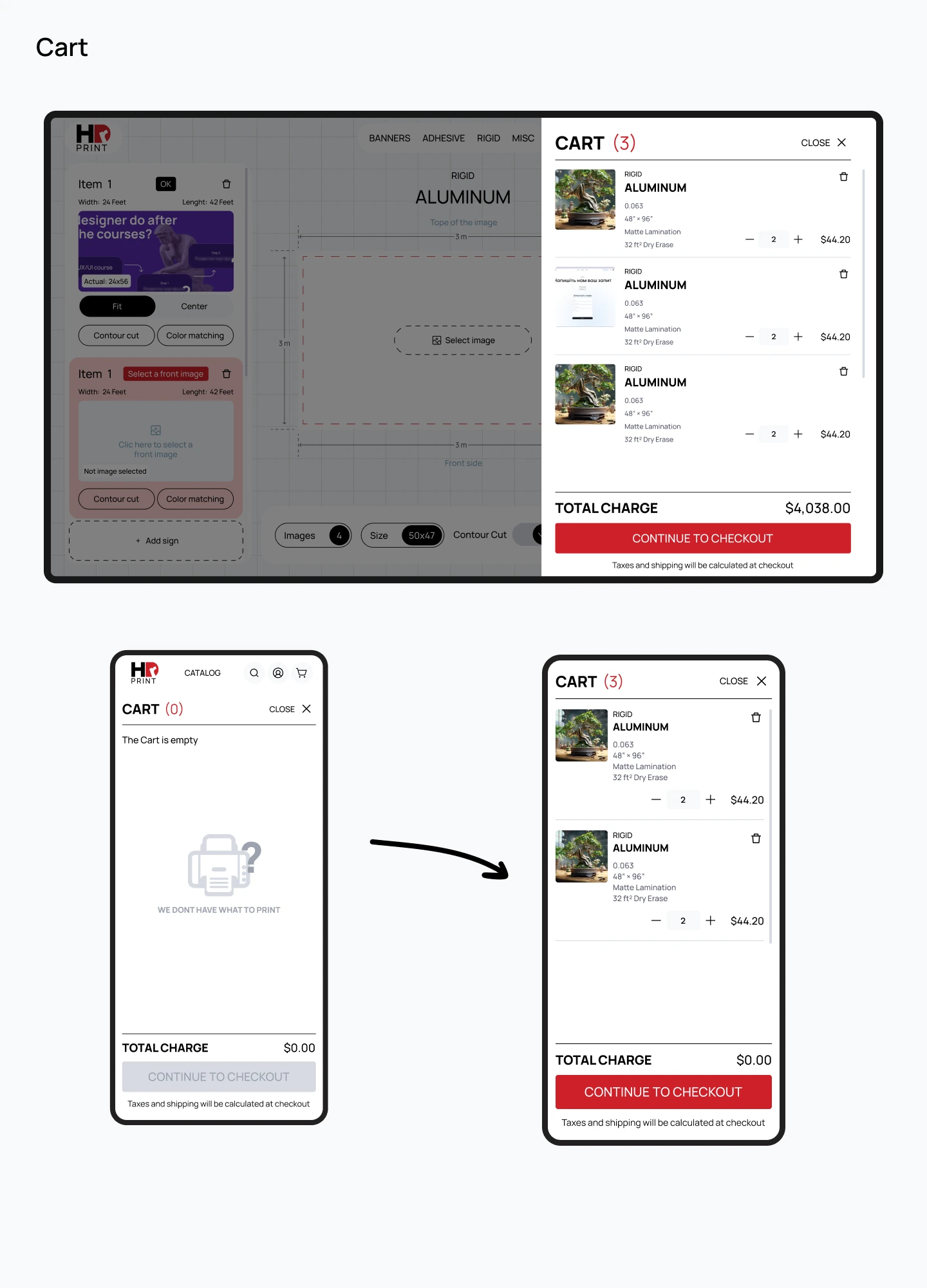Cart with full specs and mobile states