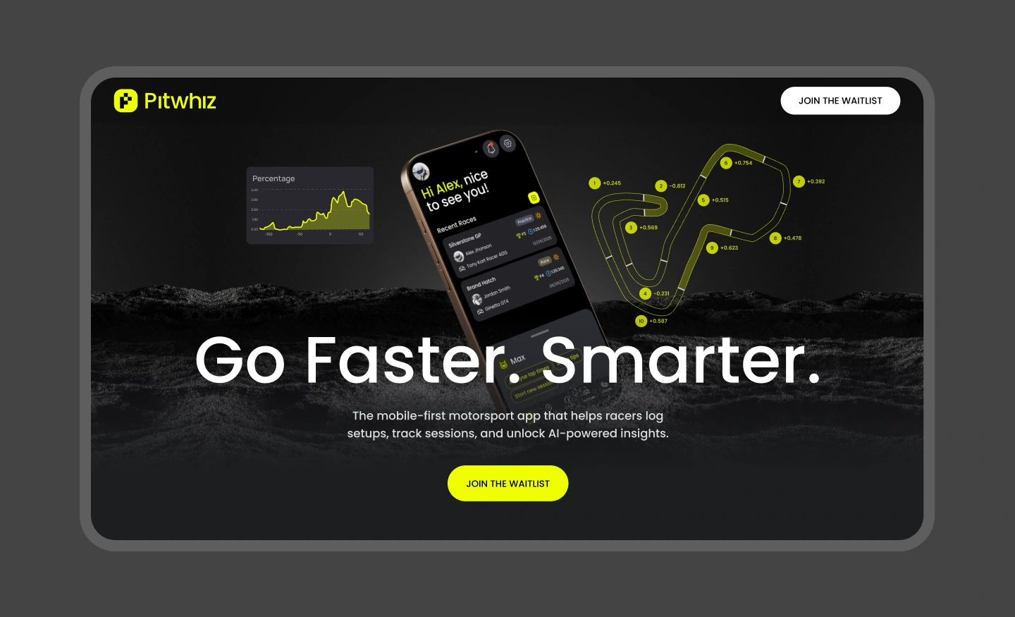 Pitwhiz motorsport app landing page