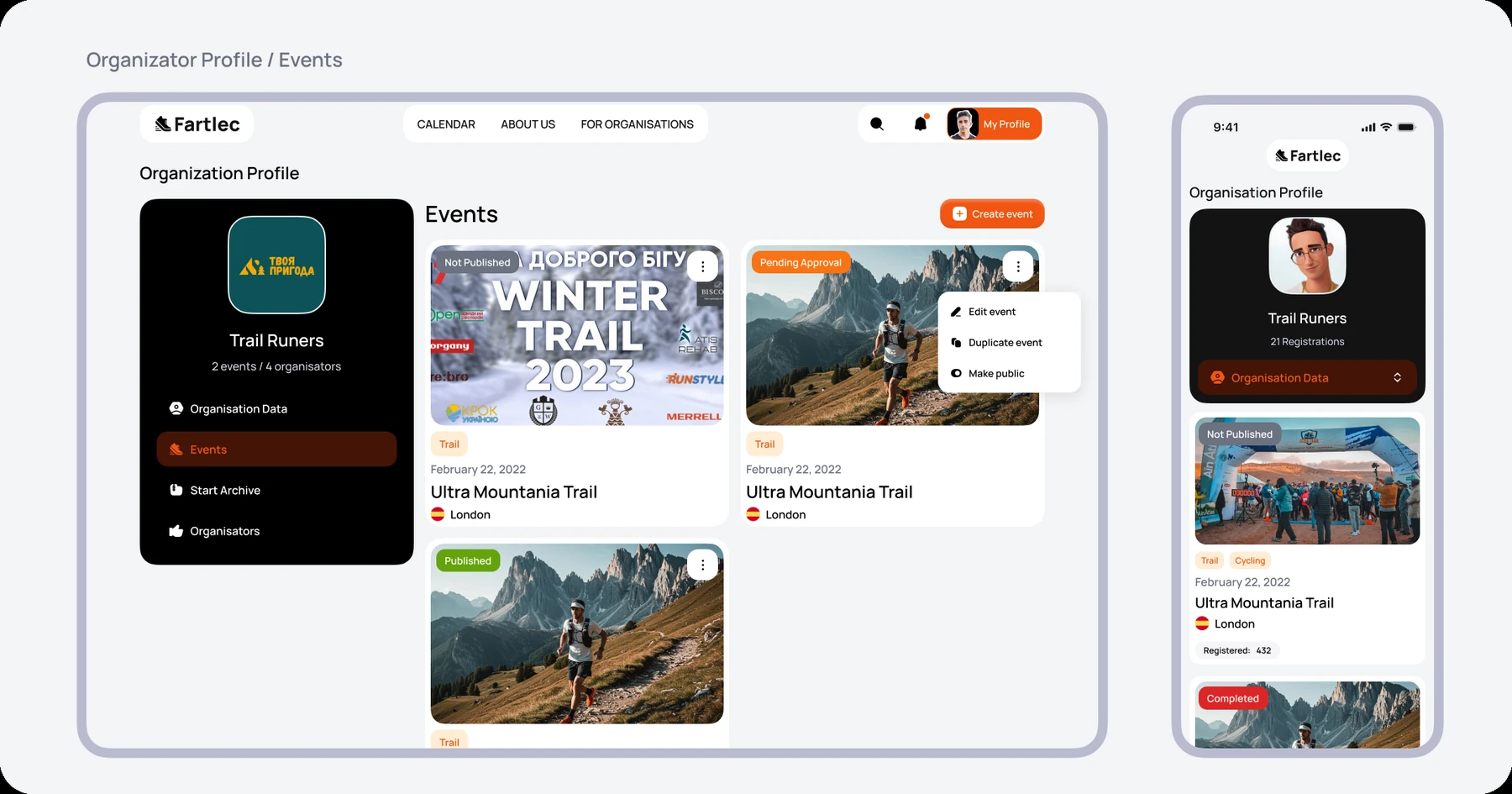 Organizer events dashboard