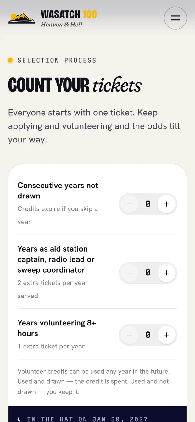 Ticket calculator — Wasatch 100 on mobile